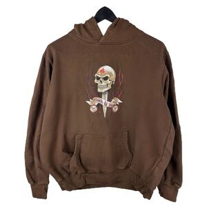 Mens Y2K Seattle Cotton Brown Skull Head Center Logo Pullover Hoodie Size L